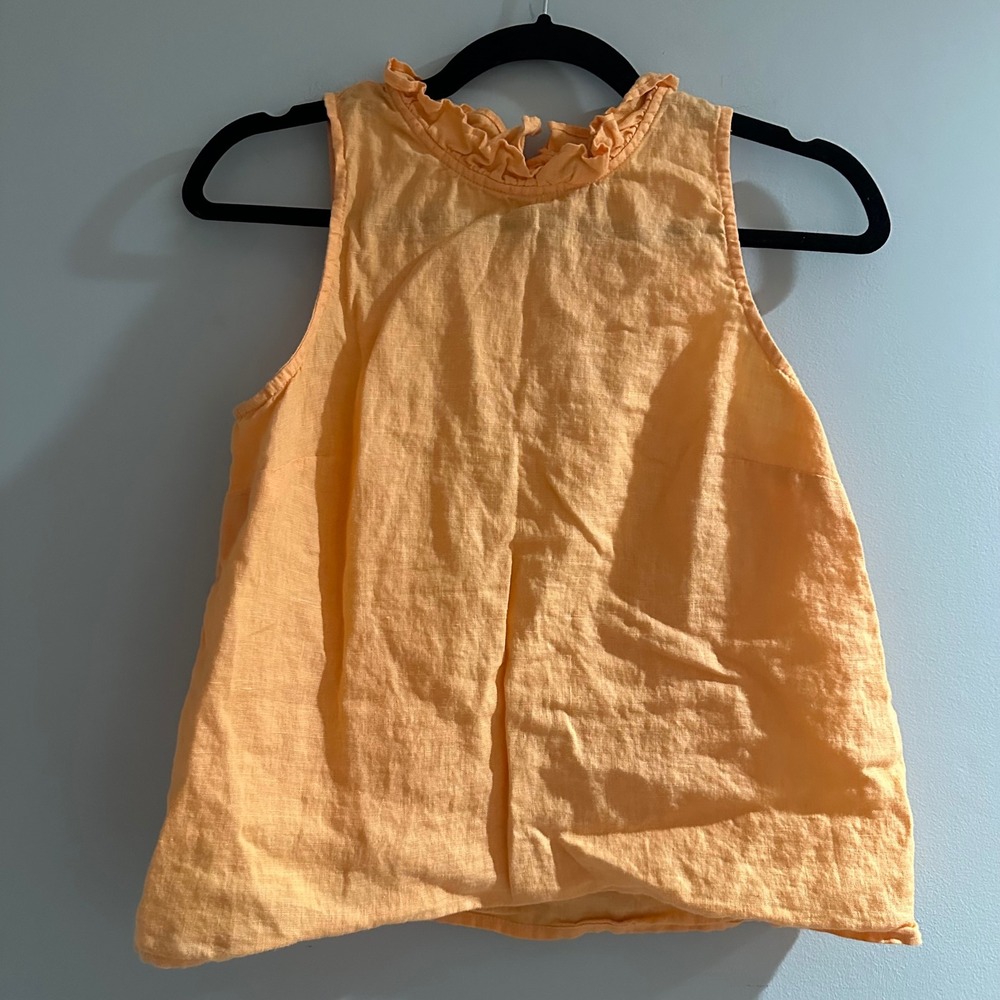 J. Crew Orange Linen Blend Ruffle Neck Sleeveless‎ Button Back Top XS